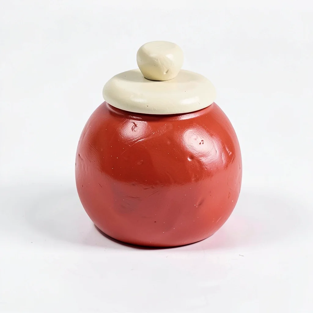 Domed chunky clay cookie jar in cherry red with stubby cream-toned lid knob and 