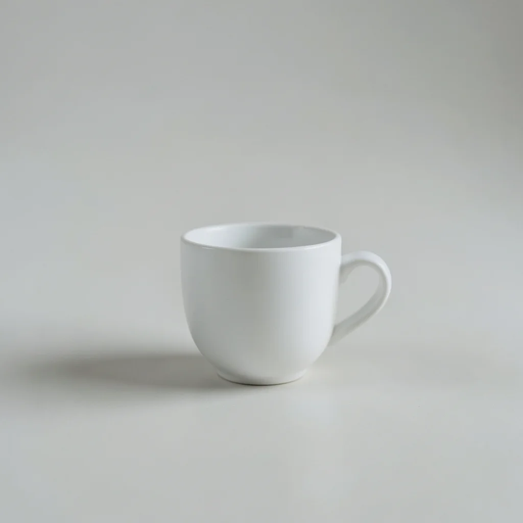 Minimalist studio photograph of a single white coffee cup on a clean neutral surface, soft diffused natural light, lots 
