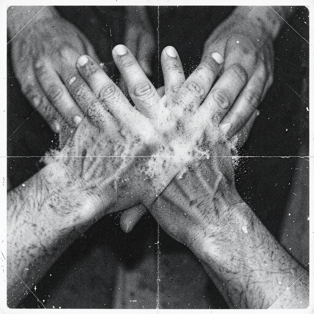 Hands clasped together, 8th-generation photocopy, fingers dissolving into granul