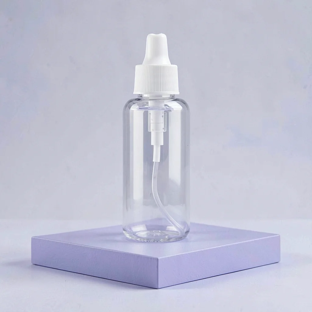 Catalog ad of an acrylic squeeze bottle on a periwinkle block, hairline shadow