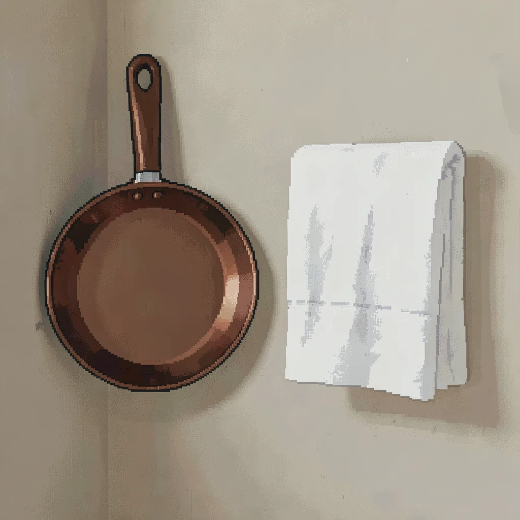 Inside a quiet kitchen corner a single copper pan hangs beside a folded white to