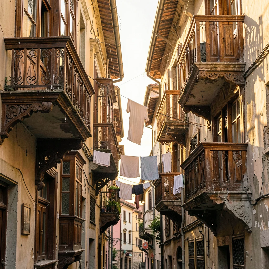 Crumbling Art Nouveau balconies in golden Tbilisi light, narrow Tbilisi alley wi