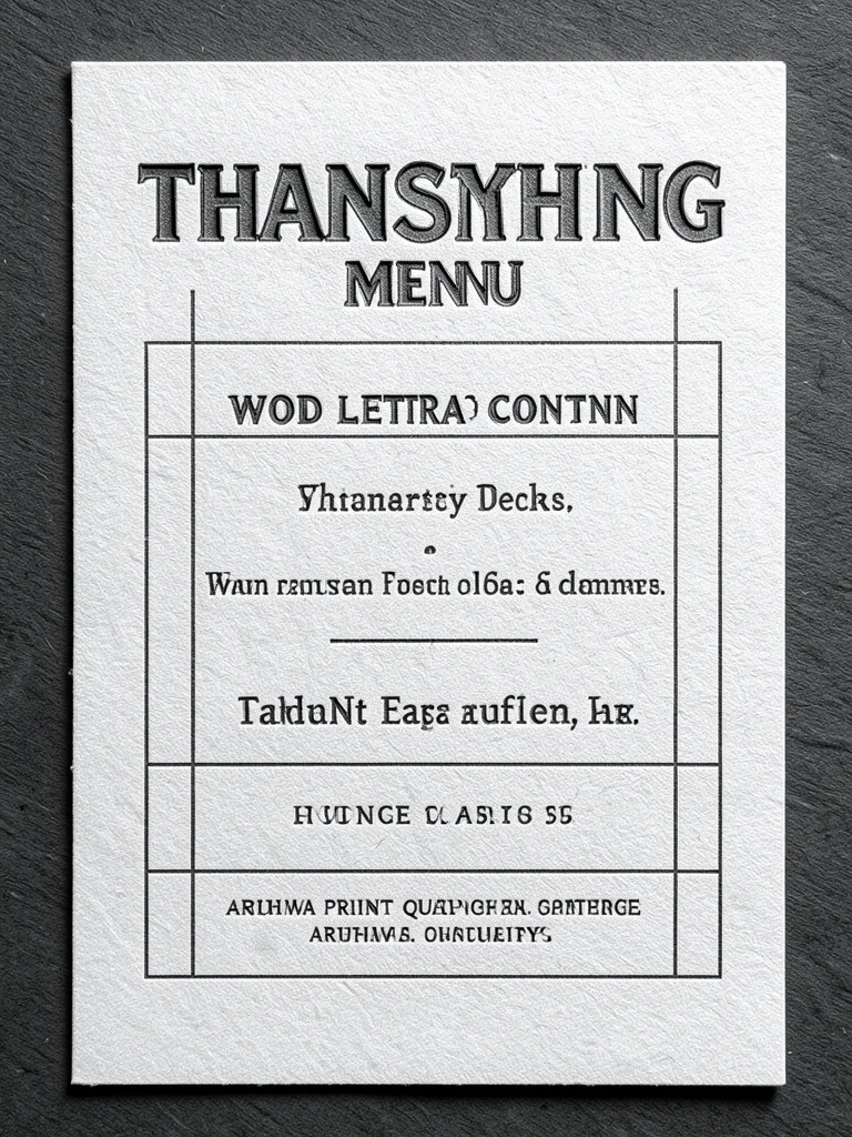 Wood type Thanksgiving menu card, traditional typography, heavy impression
