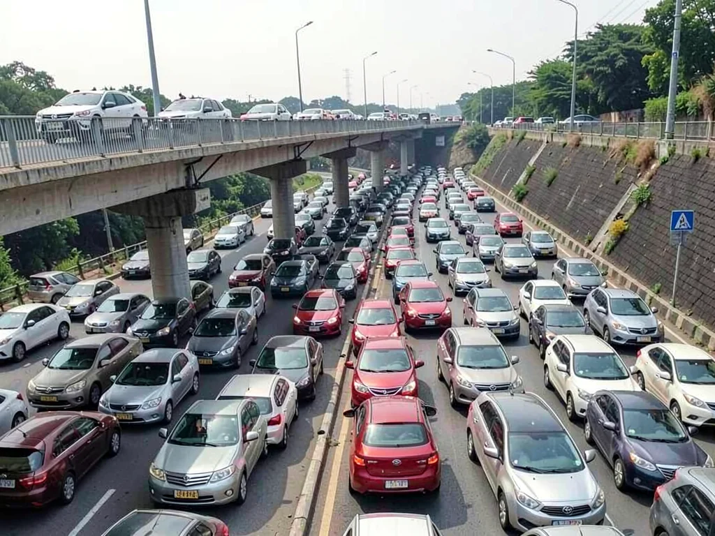 Traffic jam seen from overpass, cars filling frame