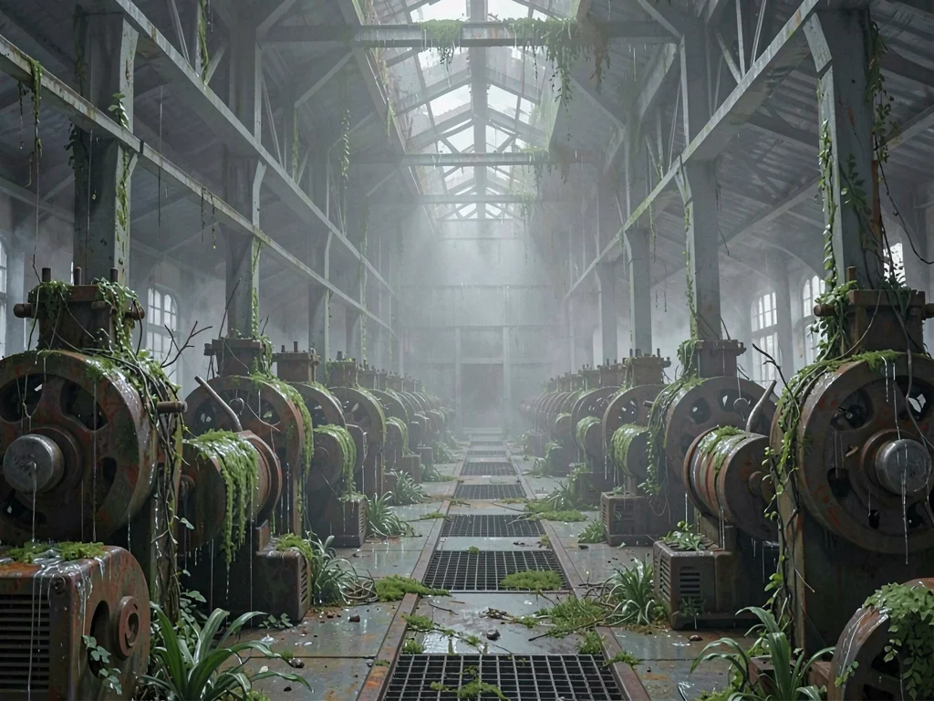 Vast assembly hall with row upon row of dormant lathes draped in green moss and 
