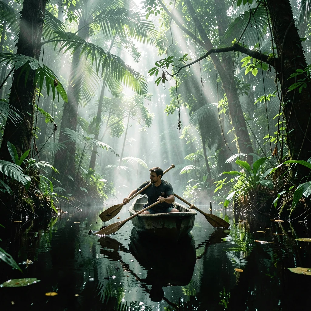 Tropical rainforest photograph, humid jungle atmosphere, A canoe being paddled t