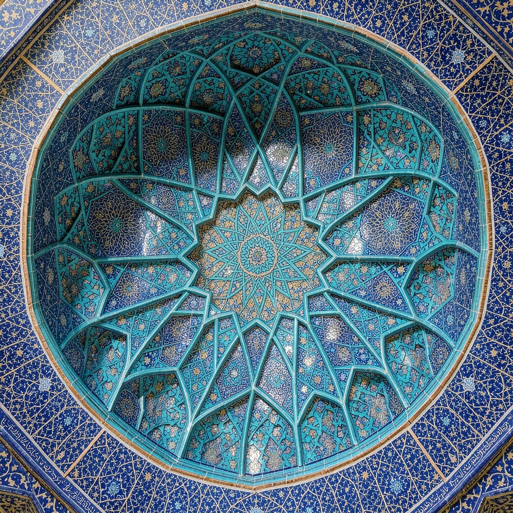 Isfahan Safavid tilework, turquoise geometric infinity, Dome interior with radia