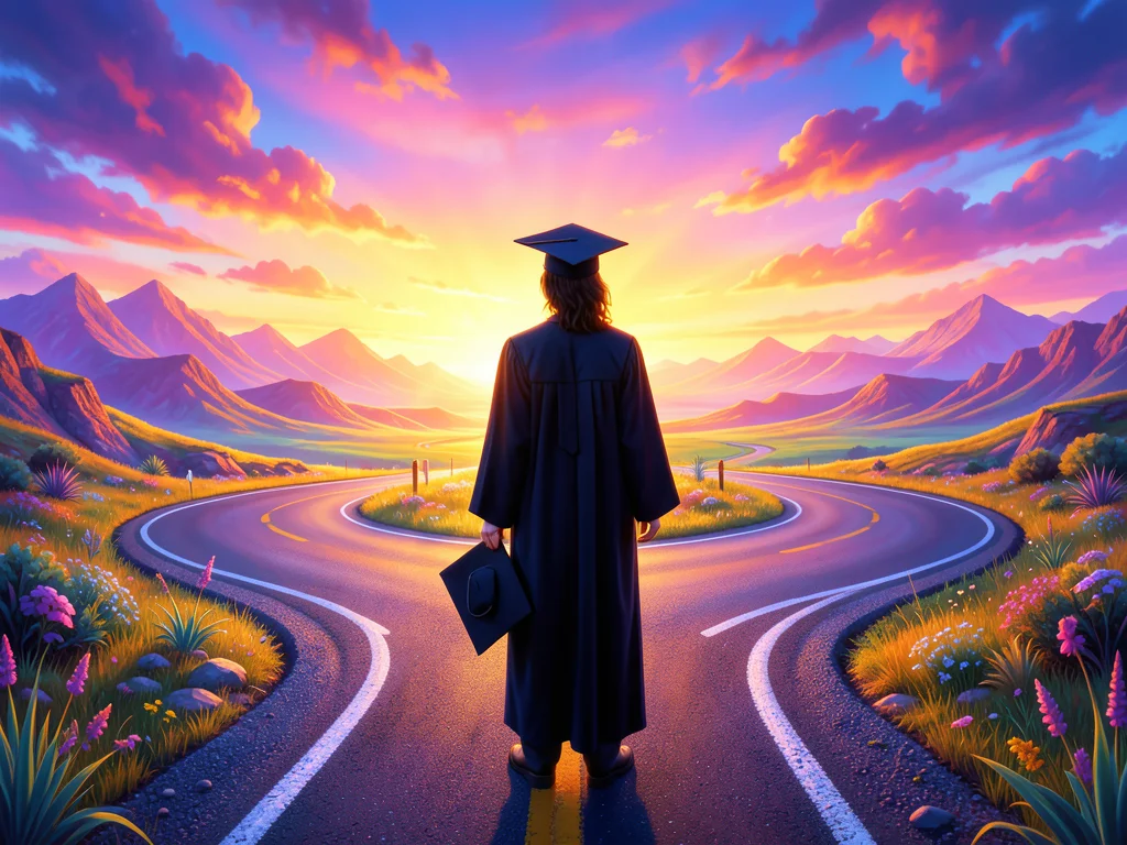 Graduate standing at crossroads, looking at horizon, cap in hand, open road