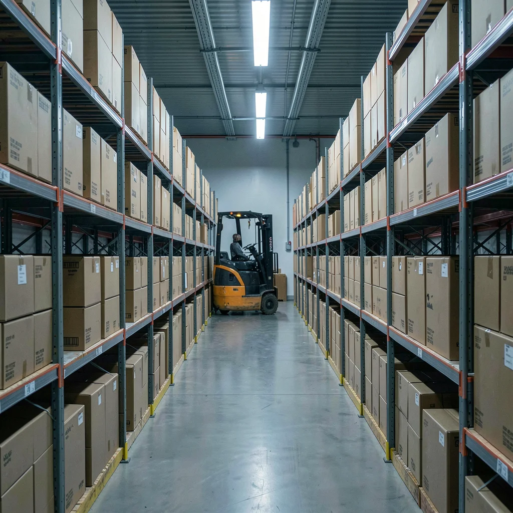 Precise geometric composition, industrial clarity, Warehouse aisle with floor-to