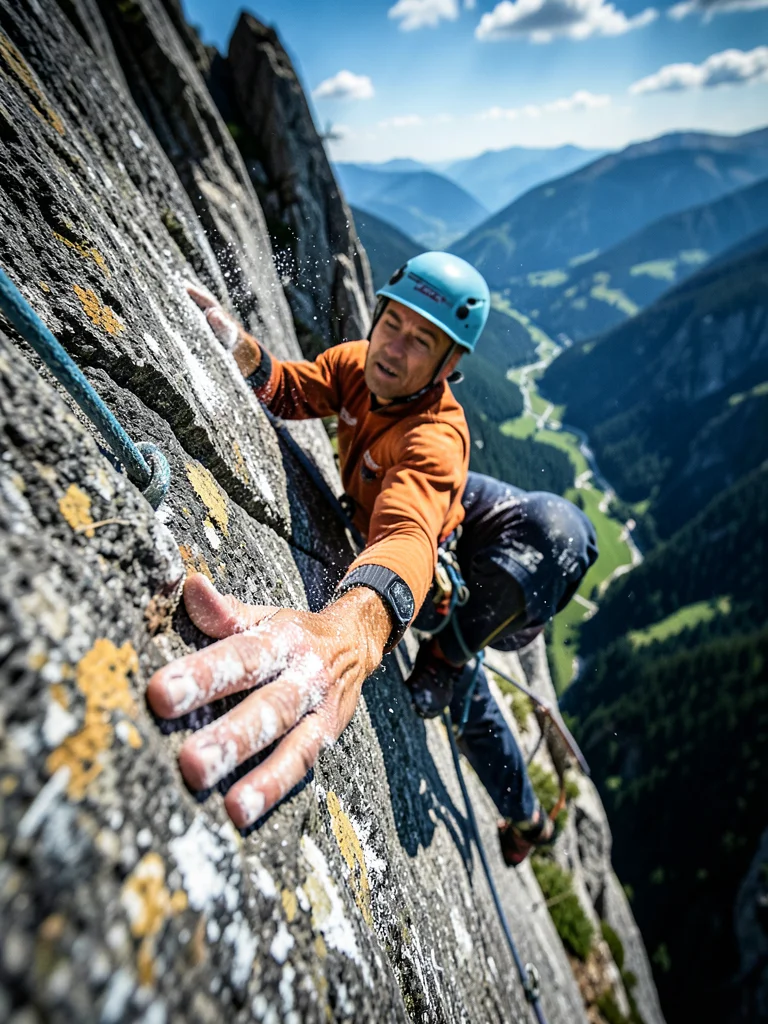 Rock climber on an overhanging cliff face, chalk-dusted hands, valley far below
