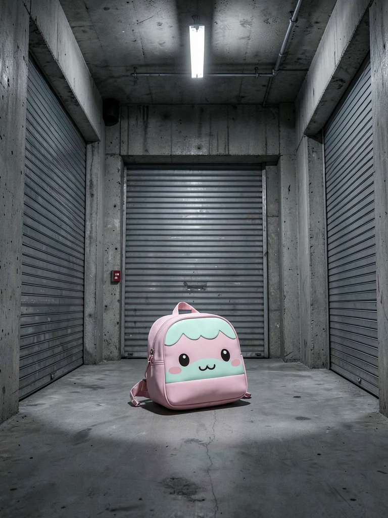 Sanrio character backpack abandoned in loading dock, metal roll-up doors, indust