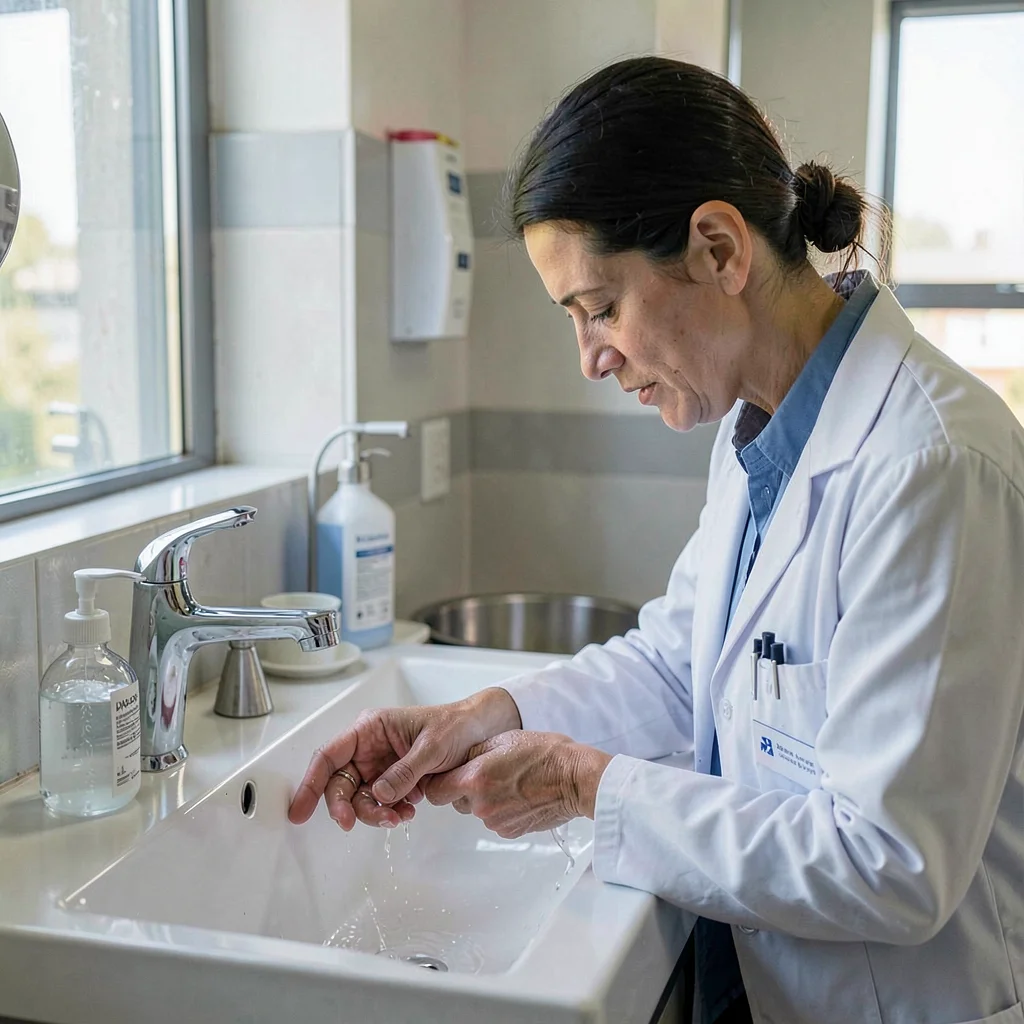 Documentary photography, unposed moment, Doctor washing hands at modern clinic s