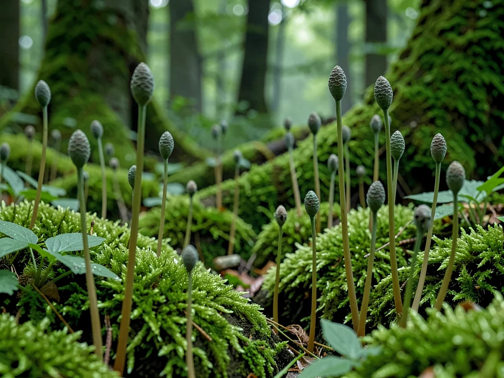 Moss spore capsules rising on stalks