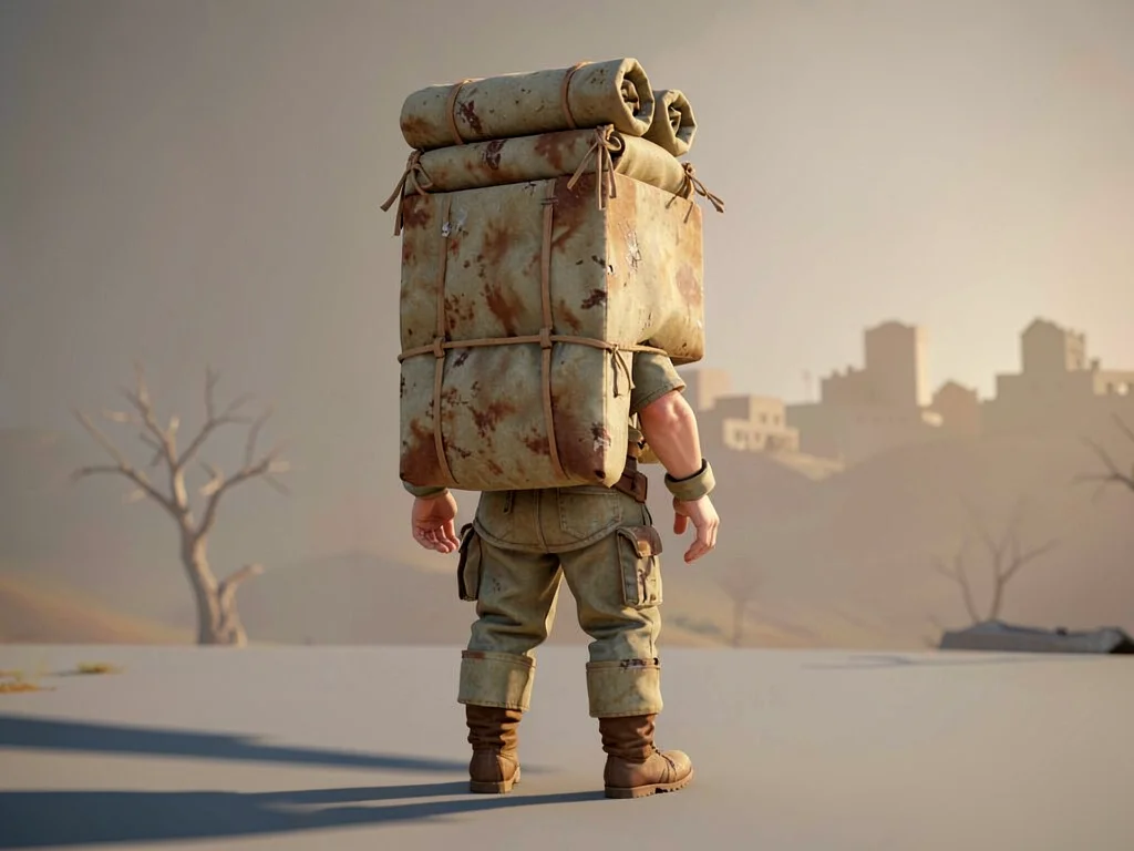 A trader stands fully back-turned facing an unseen distant settlement, packlist 