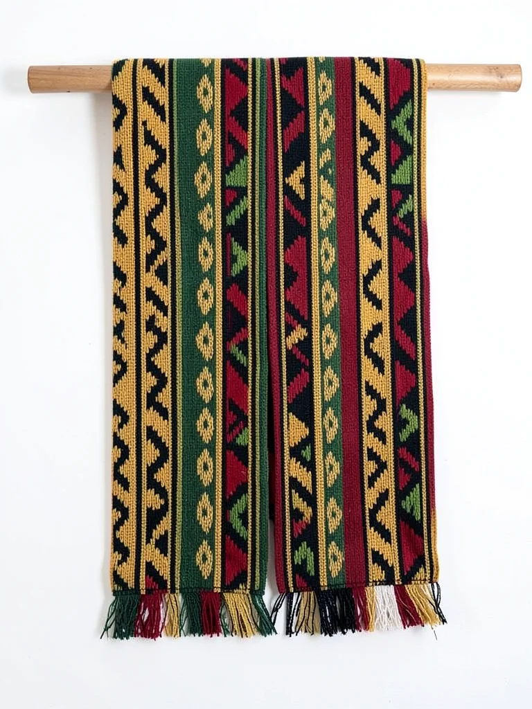 Kente bolt displayed on wooden rod — cloth hanging, both sides visible