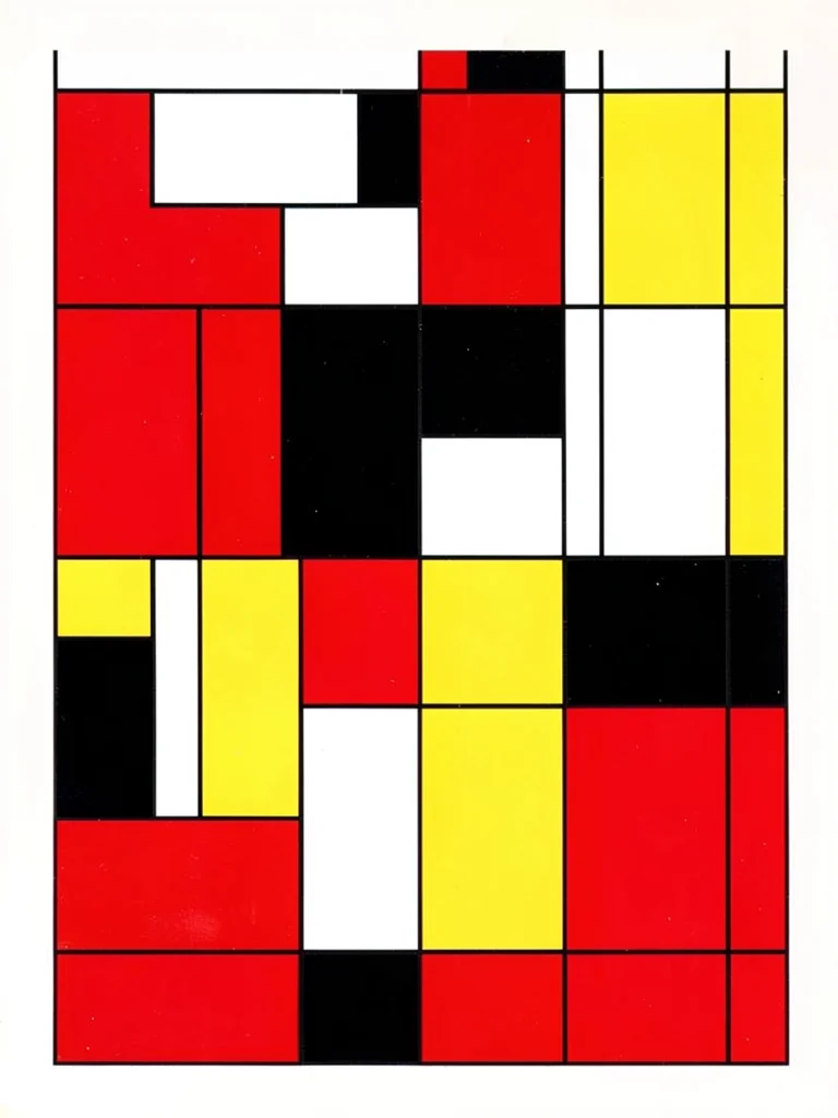 Staircase reduced to interlocking rectangles of red, black, white, and yellow