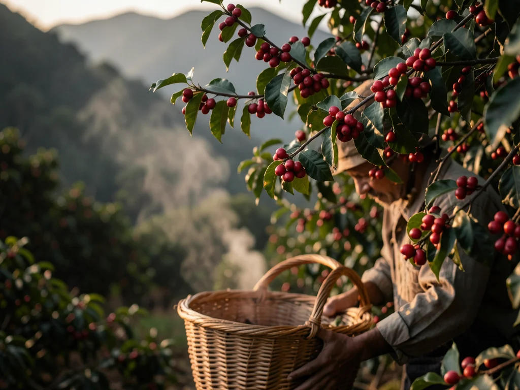 Coffee cherry branches with ripe red fruit, a picker's basket half-full, mountai