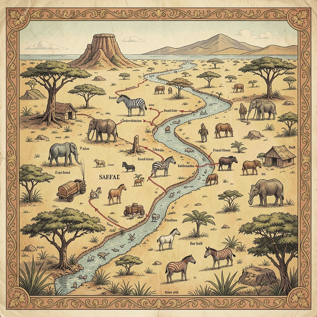 Illustrated map illustration, Safari route through African savanna , pictorial c