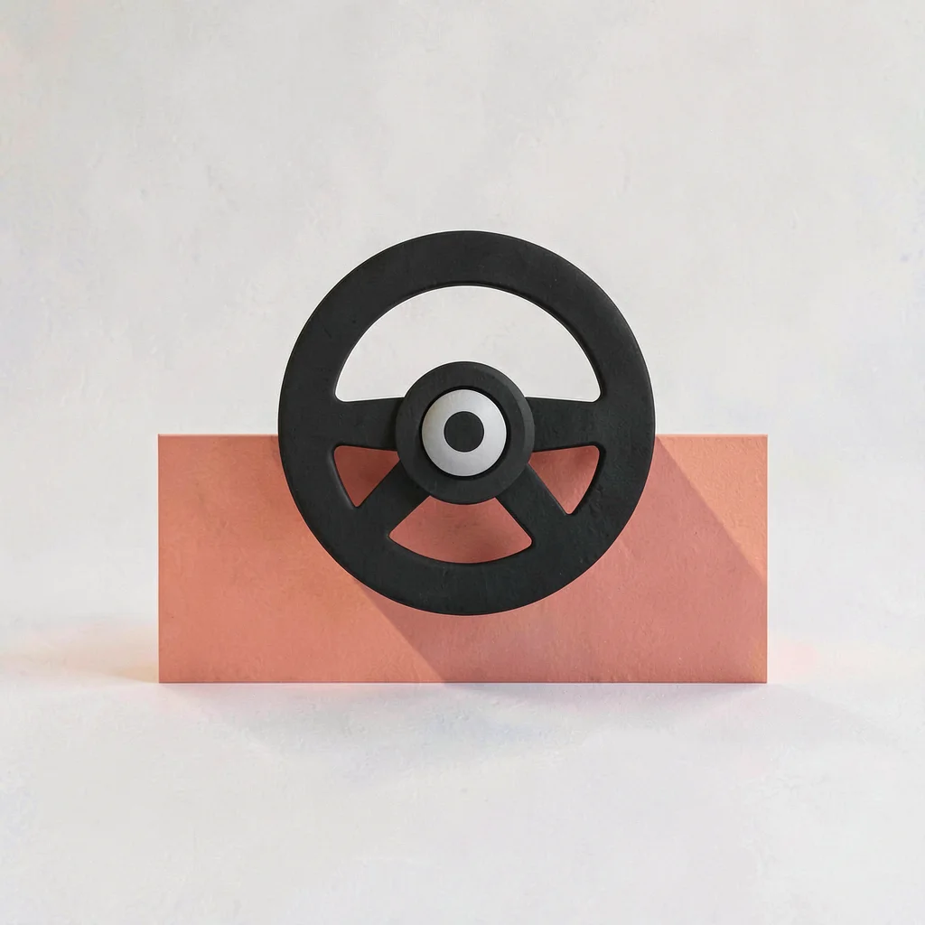 Centered hero of a small steering wheel silhouette on a coral block, hairline sh
