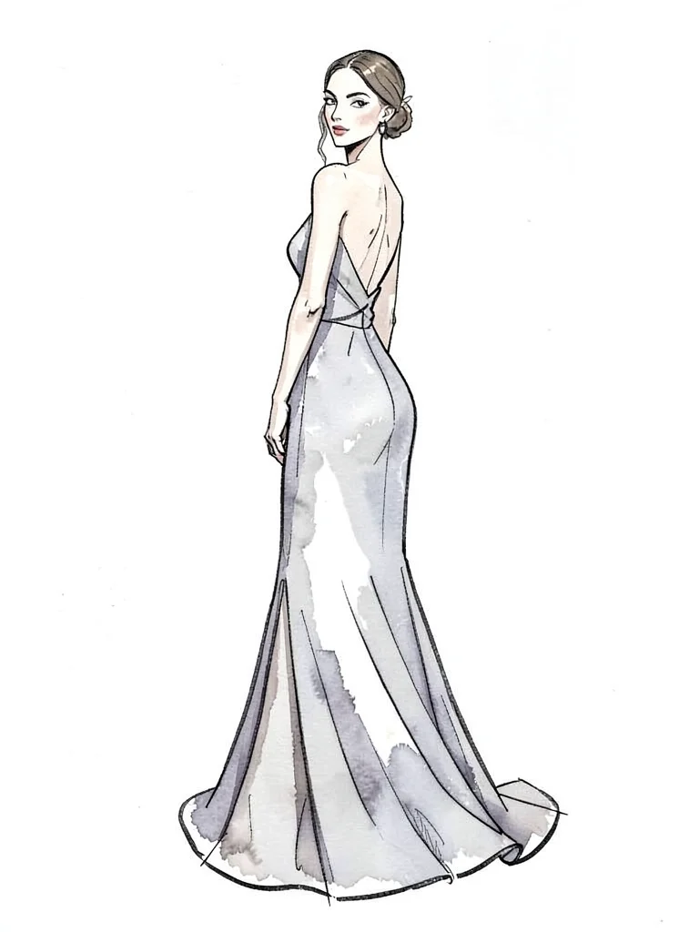 Model looking over shoulder gown