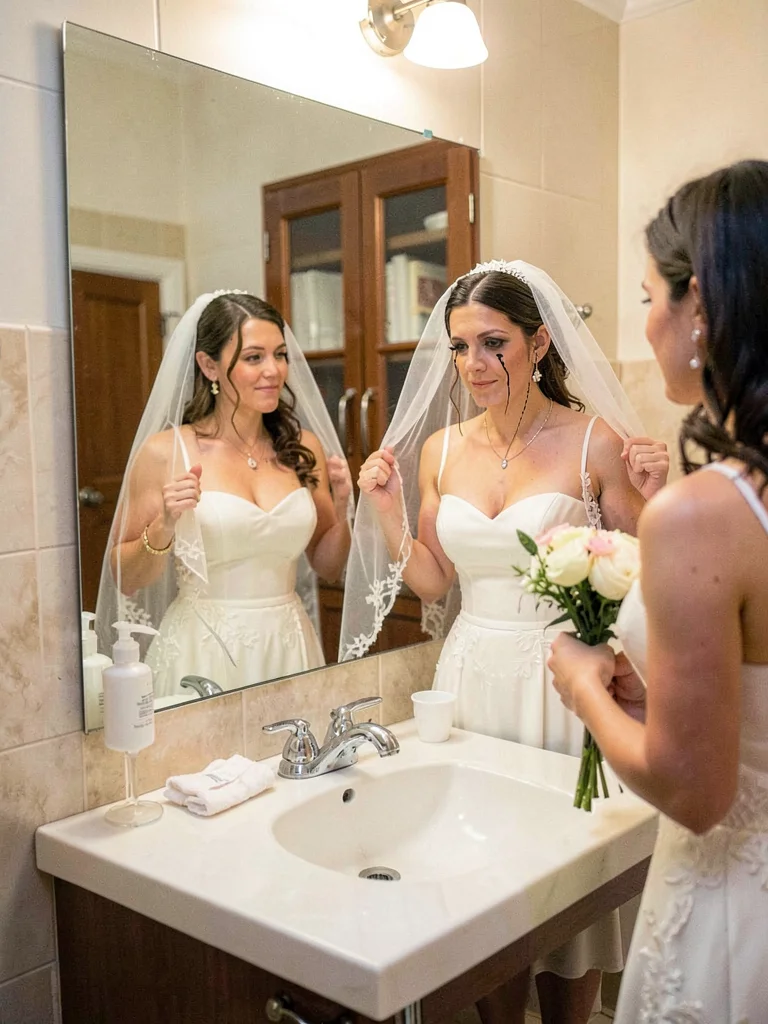 The moment a bride removes her veil in a church bathroom mirror, mascara beginni