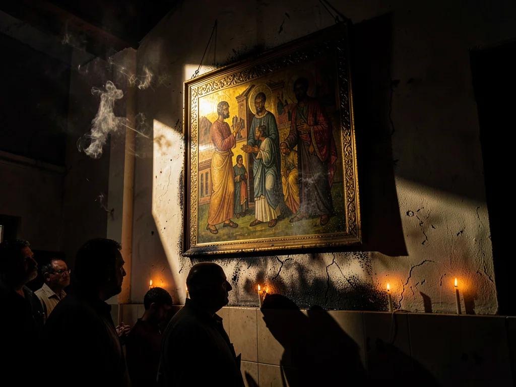 Dramatic light through darkness in Addis Ababa, Ethiopia, Saint painting on chur
