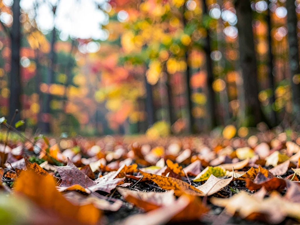 Autumn leaves from near to distant treeline