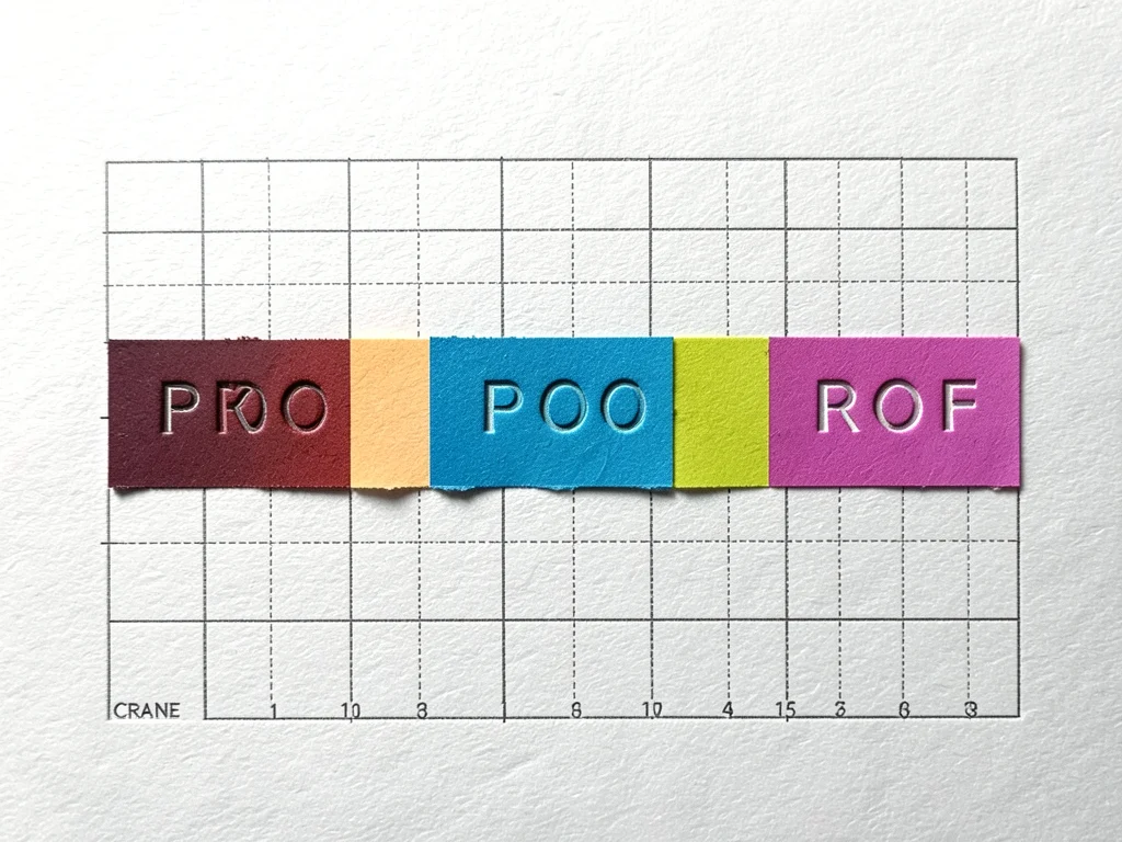 A color ink test strip showing the same word "PROOF" printed in six different Pa