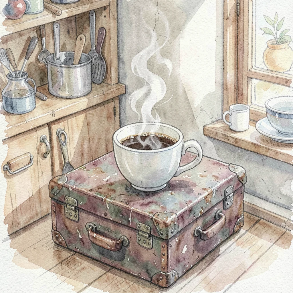 Tight photo of a steaming coffee cup on a battered toolbox lid in the corner of 