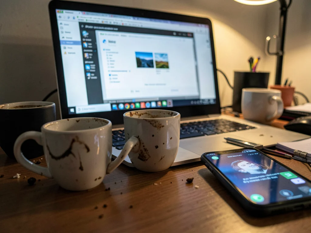 Three coffee cups in various states of abandonment, laptop screensaver starting