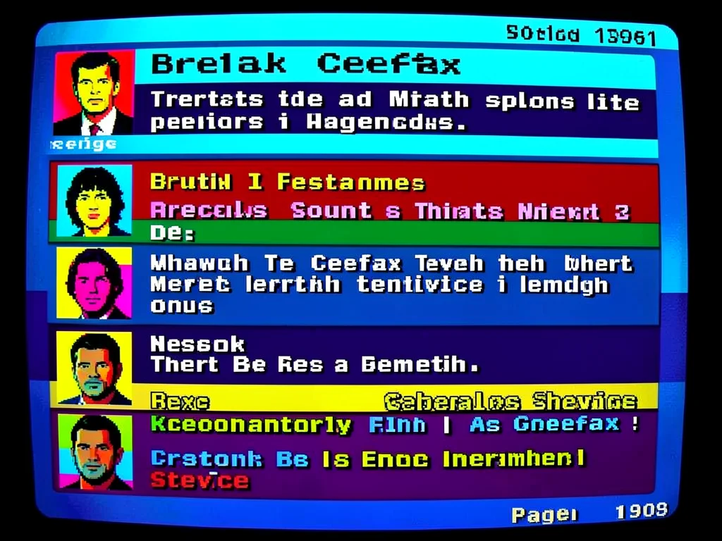 Social media feed as Ceefax page, posts as text blocks, profile pics as 8-color 