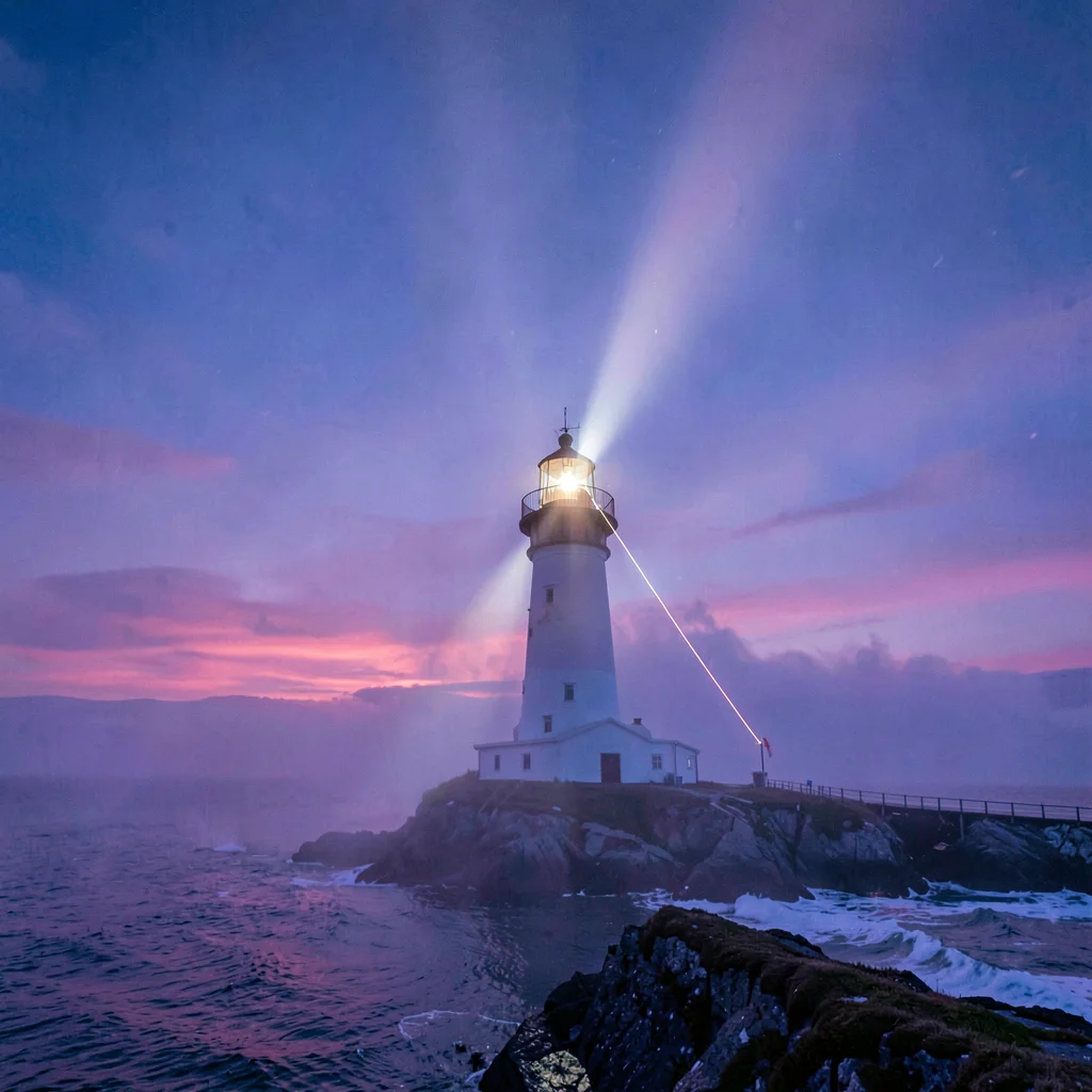 Polar liminal light, extended blue hours, Lighthouse beam cutting through soft v