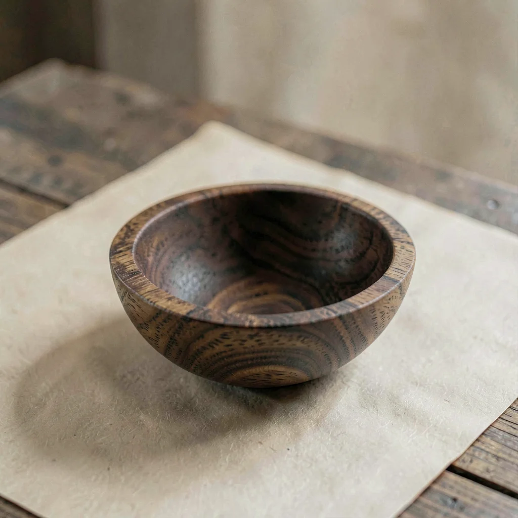 A handcarved wooden bowl of dark walnut with hollowed interior empty and waiting