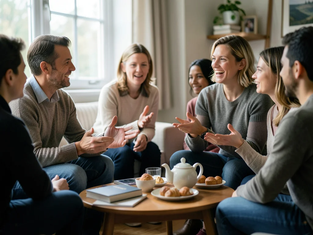 Person hosting a small book club gathering, teapot and pastries on a low table