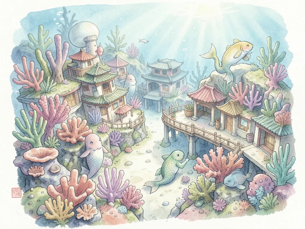 Underwater coral city with mer-people, tilt-shift miniature effect