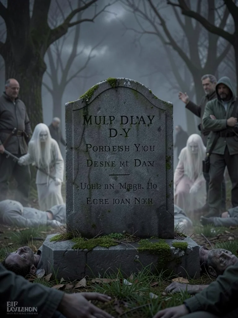Cemetery headstone with multi-day exposure, visitors becoming ghosts, the dead m