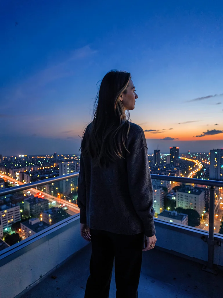 Woman on rooftop during blue hour, city lights sparking below while sky holds la