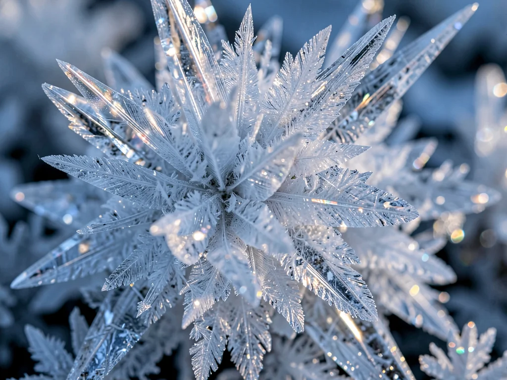 Hoar crystal cluster showing prismatic light refraction