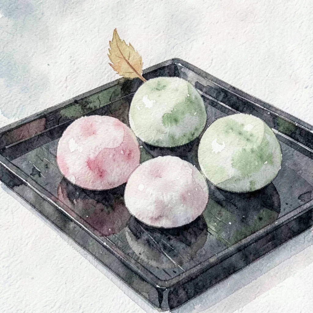 Tightly composed still-life of seasonal wagashi sweets on a black lacquer tray, 