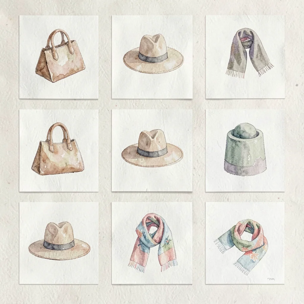 A fashion-lookbook accessories grid of nine accessory plates arranged 3x3 on dus