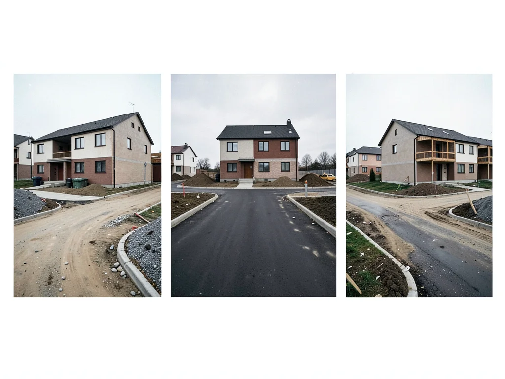 New suburb development — identical houses in three stages of construction, stree