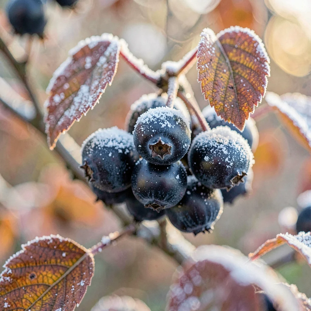 Close-up of a sloe-berry cluster heavy with frost bloom, leaves edged in cold ru