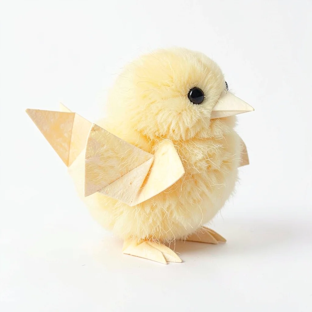 Fluffy butter-yellow lowpoly chick with tiny triangulated wings and a cream beak