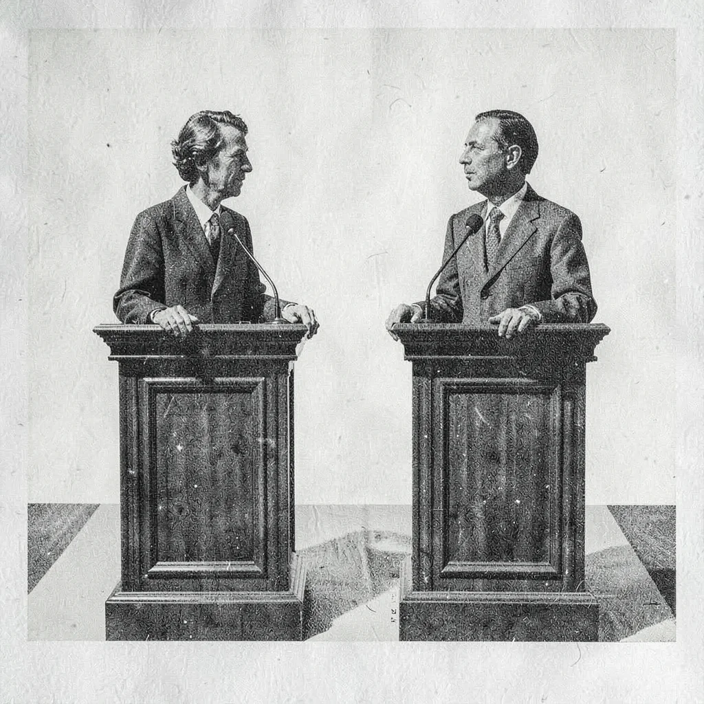 Riso event-poster of two abstract figures at facing podiums, two-color overprint