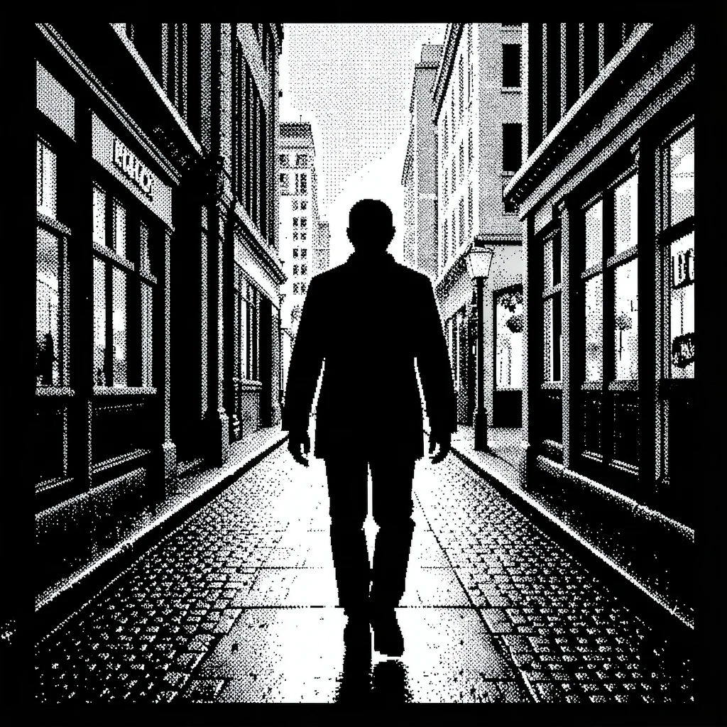 1-bit dithered illustration, person walking in city , black and white only, dith
