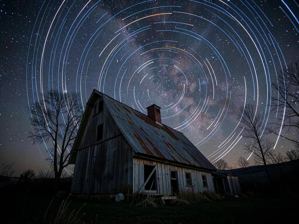 A 4-hour exposure of star trails above an abandoned barn, the stars drawing circ