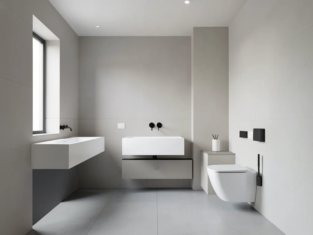 Bathroom in Bauhaus composition, fixtures as pure geometric forms, primary palet