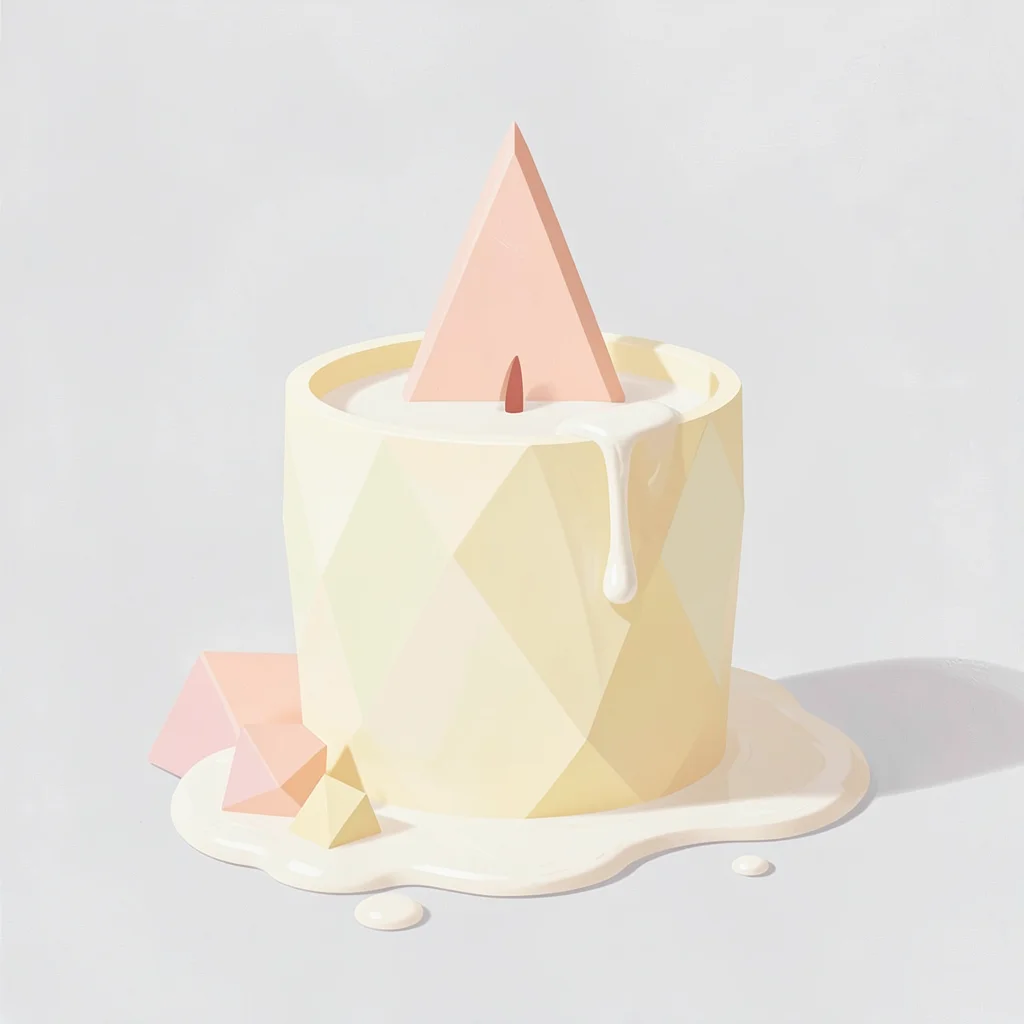 Lit butter-yellow faceted lowpoly candle with a peach flame triangle on top, mel