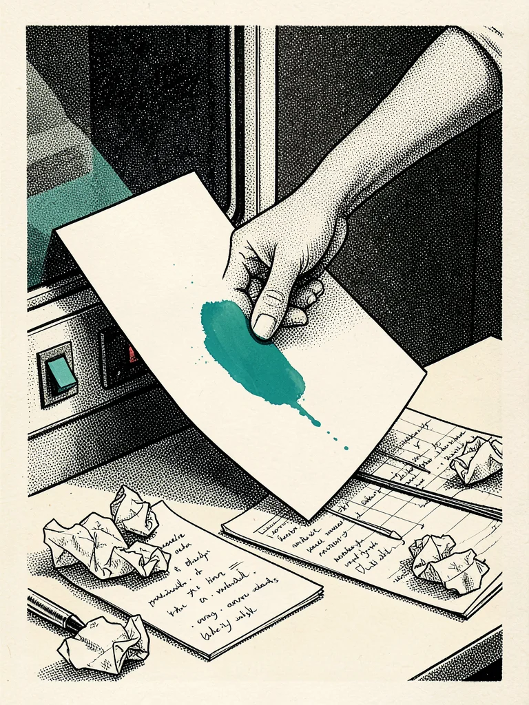 Stipple-shaded portrait of a hand emerging from a terminal window, depositing a 