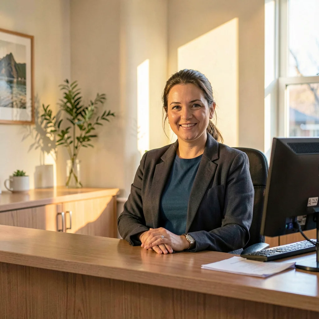 Practitioner portrait of an SLP receptionist at the front desk, warm afternoon g